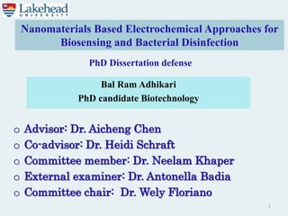 Nanomaterials Based Electrochemical Approaches for
Biosensing and Bacterial Disinfection
Bal Ram Adhikari
PhD candidate Biotechnology
1
o Advisor: Dr. Aicheng Chen
o Co-advisor: Dr. Heidi Schraft
o Committee member: Dr. Neelam Khaper
o External examiner: Dr. Antonella Badia
o Committee chair: Dr. Wely Floriano
PhD Dissertation defense
 