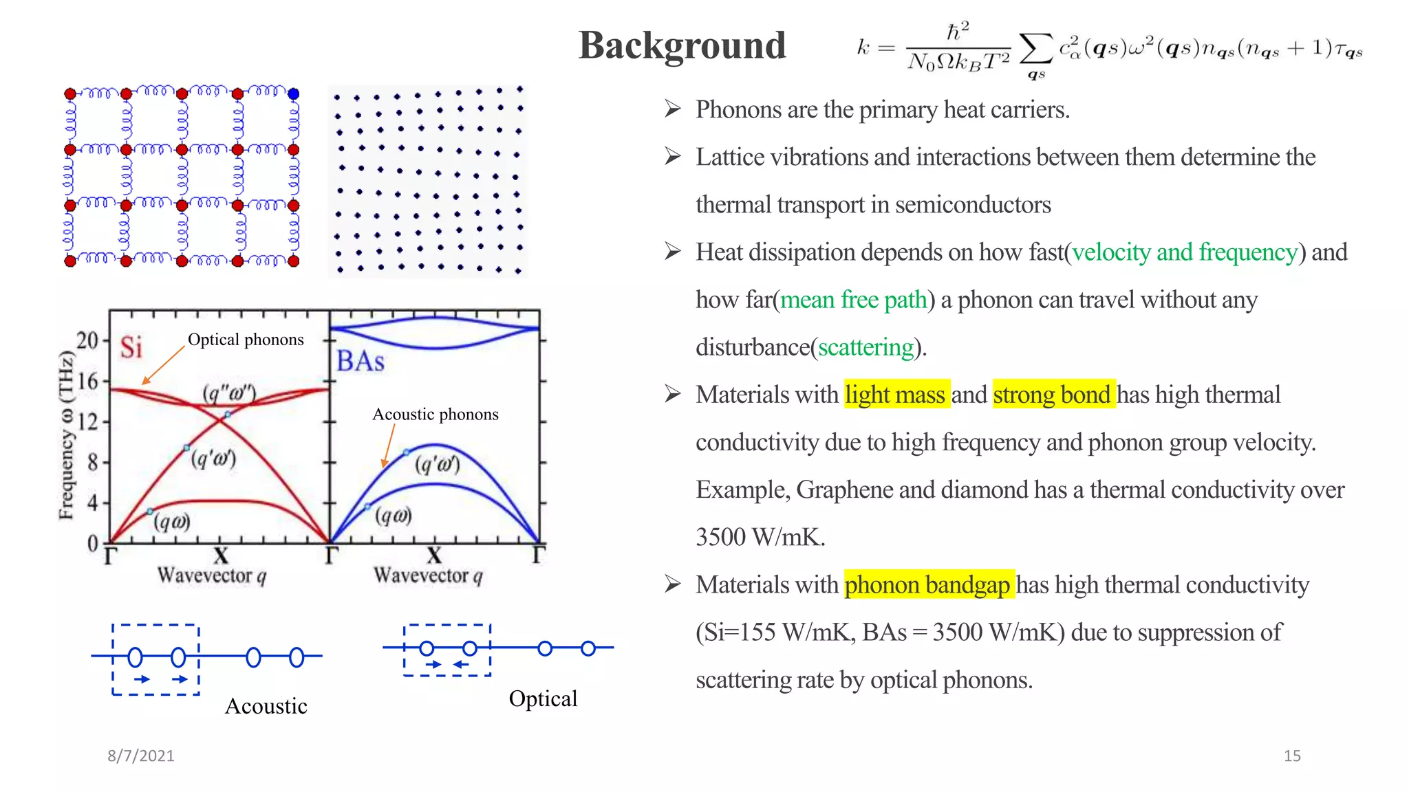 Background
 Phonons are the primary heat carriers.
 Lattice vibrations and interactions between them determine the
thermal transport in semiconductors
 Heat dissipation depends on how fast(velocity and frequency) and
how far(mean free path) a phonon can travel without any
disturbance(scattering).
 Materials with light mass and strong bond has high thermal
conductivity due to high frequency and phonon group velocity.
Example, Graphene and diamond has a thermal conductivity over
3500 W/mK.
 Materials with phonon bandgap has high thermal conductivity
(Si=155 W/mK, BAs = 3500 W/mK) due to suppression of
scattering rate by optical phonons.
8/7/2021 15
Optical phonons
Acoustic phonons
Acoustic Optical
 