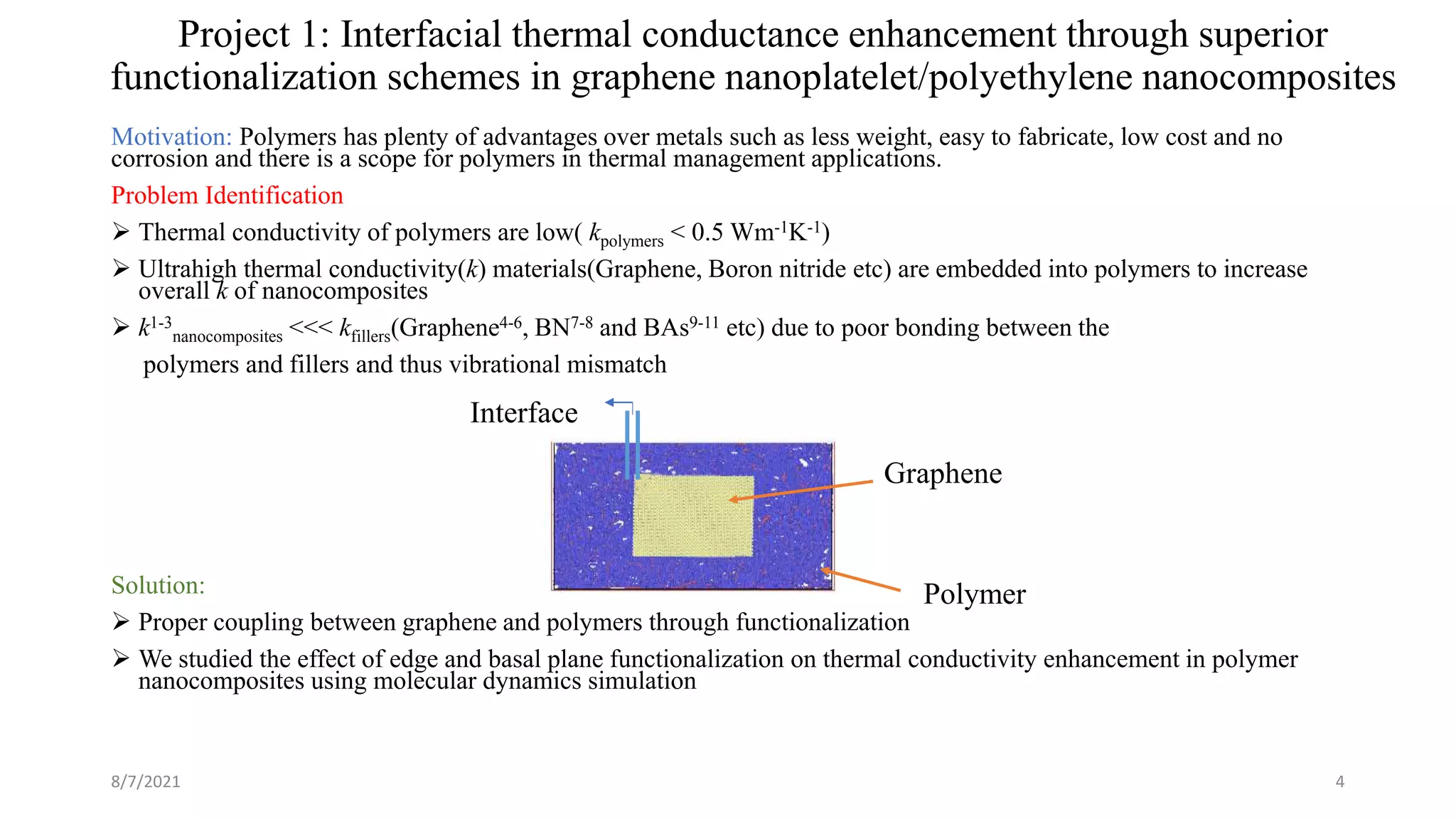 Project 1: Interfacial thermal conductance enhancement through superior
functionalization schemes in graphene nanoplatelet/polyethylene nanocomposites
Motivation: Polymers has plenty of advantages over metals such as less weight, easy to fabricate, low cost and no
corrosion and there is a scope for polymers in thermal management applications.
Problem Identification
 Thermal conductivity of polymers are low( kpolymers < 0.5 Wm-1K-1)
 Ultrahigh thermal conductivity(k) materials(Graphene, Boron nitride etc) are embedded into polymers to increase
overall k of nanocomposites
 k1-3
nanocomposites <<< kfillers(Graphene4-6, BN7-8 and BAs9-11 etc) due to poor bonding between the
polymers and fillers and thus vibrational mismatch
Solution:
 Proper coupling between graphene and polymers through functionalization
 We studied the effect of edge and basal plane functionalization on thermal conductivity enhancement in polymer
nanocomposites using molecular dynamics simulation
8/7/2021 4
Interface
Polymer
Graphene
 