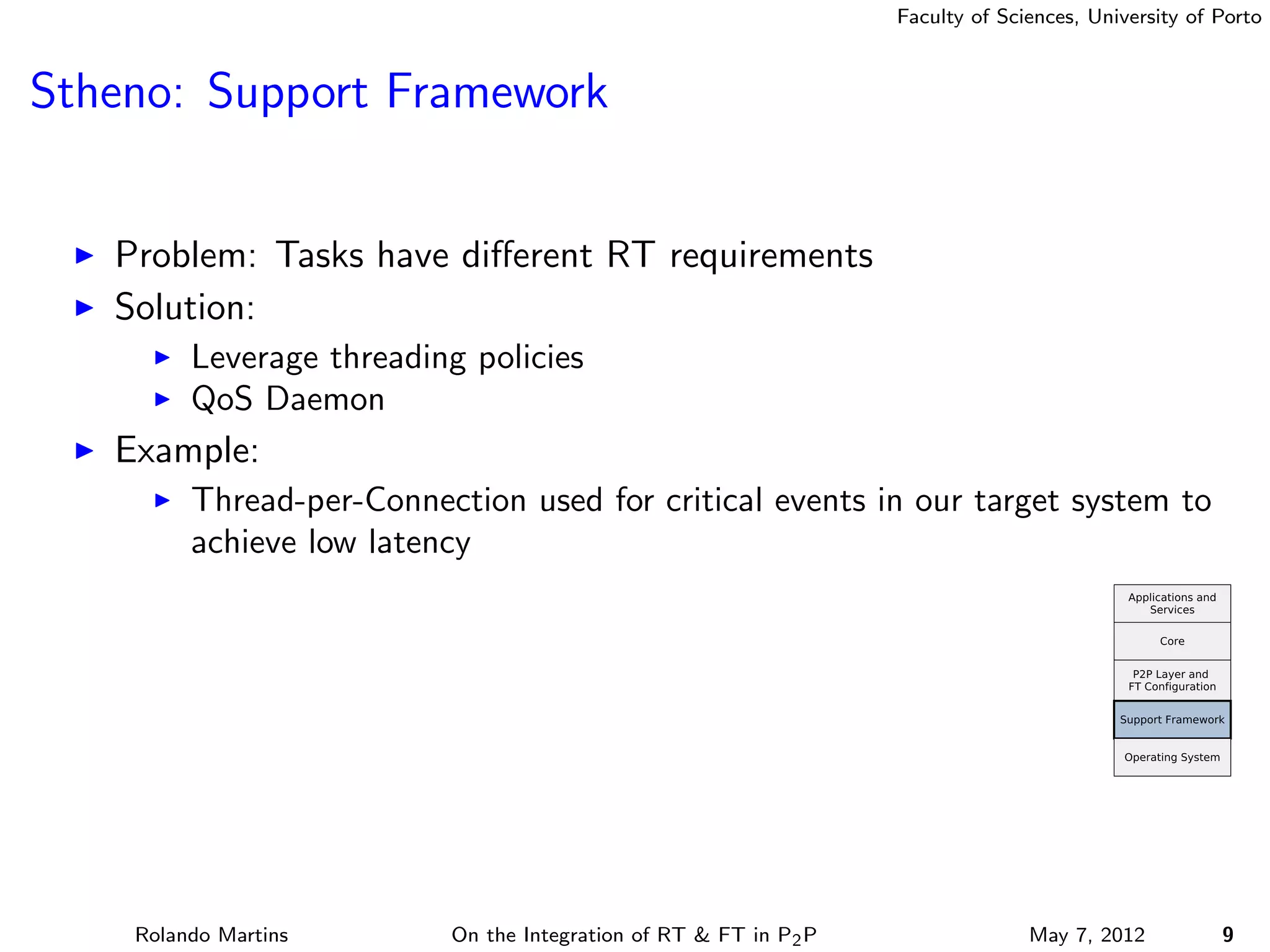 Faculty of Sciences, University of Porto



Stheno: Support Framework


   Problem: Tasks have diﬀerent RT requirements
   Solution:
         Leverage threading policies
         QoS Daemon
   Example:
         Thread-per-Connection used for critical events in our target system to
         achieve low latency




    Rolando Martins       On the Integration of RT & FT in P2 P                 May 7, 2012          9
 