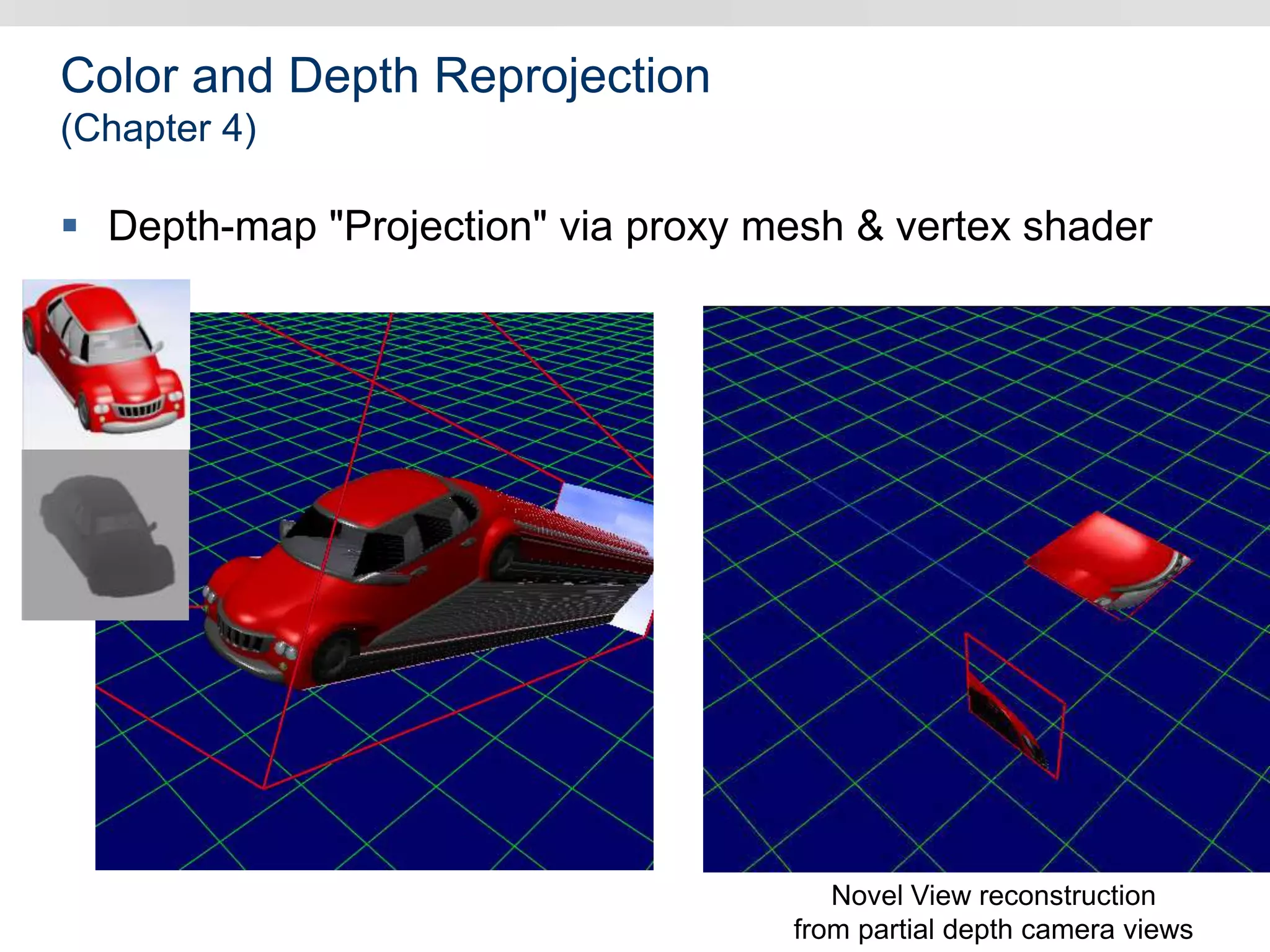 Color and Depth Reprojection
(Chapter 4)
 Depth-map "Projection" via proxy mesh & vertex shader
Novel View reconstruction
from partial depth camera views
 