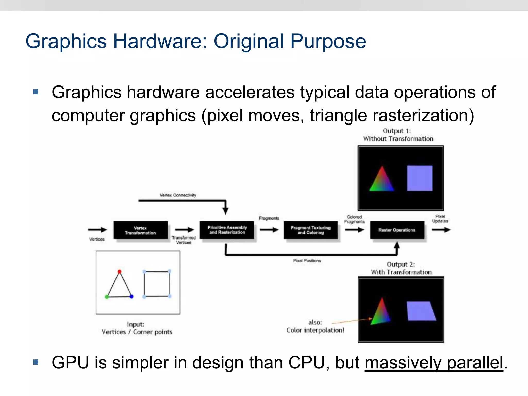 Graphics Hardware: Original Purpose
 Graphics hardware accelerates typical data operations of
computer graphics (pixel moves, triangle rasterization)
 GPU is simpler in design than CPU, but massively parallel.
 