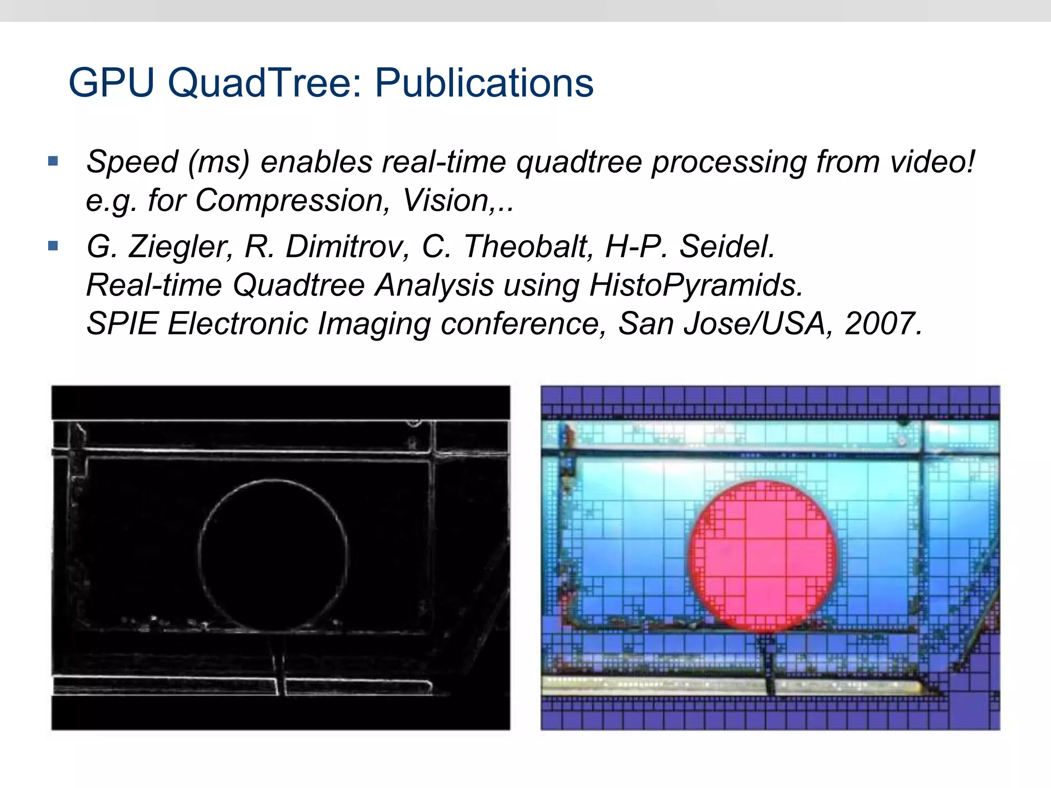 GPU QuadTree: Publications
 Speed (ms) enables real-time quadtree processing from video!
e.g. for Compression, Vision,..
 G. Ziegler, R. Dimitrov, C. Theobalt, H-P. Seidel.
Real-time Quadtree Analysis using HistoPyramids.
SPIE Electronic Imaging conference, San Jose/USA, 2007.
 