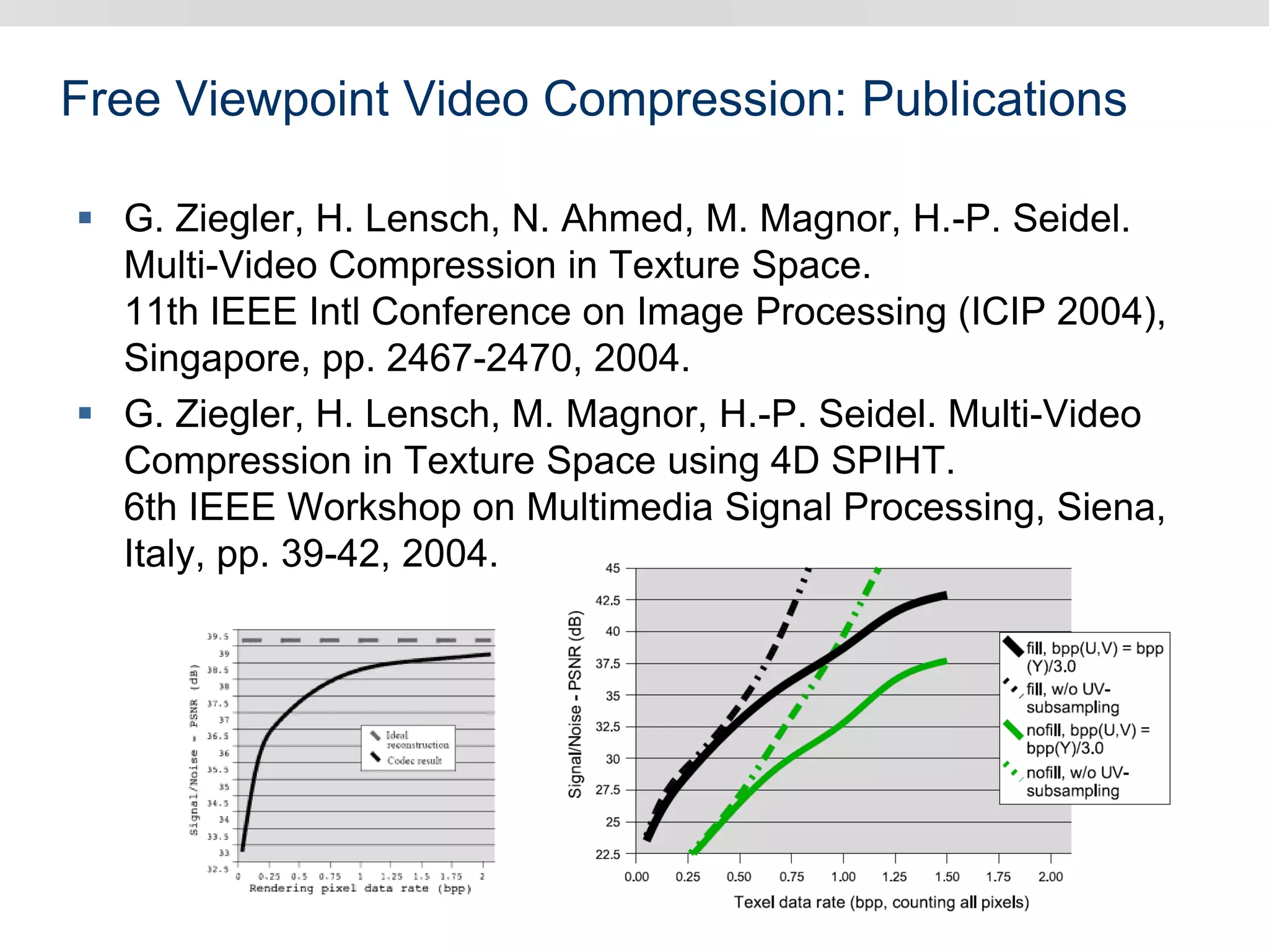 Free Viewpoint Video Compression: Publications
 G. Ziegler, H. Lensch, N. Ahmed, M. Magnor, H.-P. Seidel.
Multi-Video Compression in Texture Space.
11th IEEE Intl Conference on Image Processing (ICIP 2004),
Singapore, pp. 2467-2470, 2004.
 G. Ziegler, H. Lensch, M. Magnor, H.-P. Seidel. Multi-Video
Compression in Texture Space using 4D SPIHT.
6th IEEE Workshop on Multimedia Signal Processing, Siena,
Italy, pp. 39-42, 2004.
 