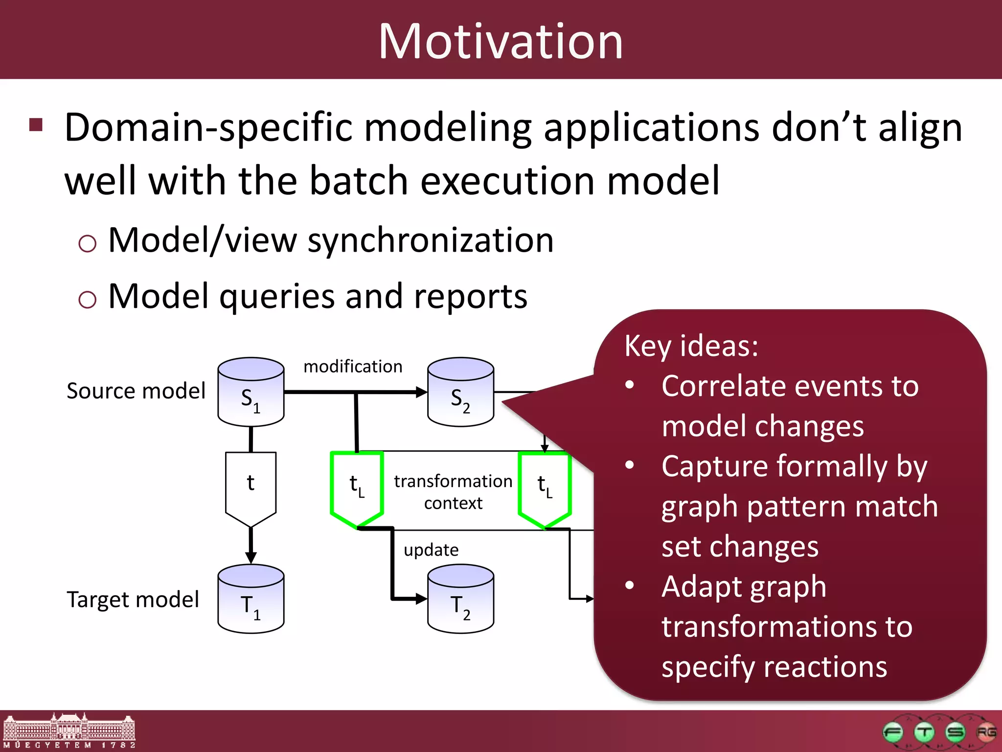 Motivation
 Domain-specific modeling applications don’t align
  well with the batch execution model
  o Model/view synchronization
  o Model queries and reports
                      modification
                                                       Key ideas:
  Source model   S1                       S2           •
                                                      S3 Correlate events to
                                                                Sn
                                                         model changes
                 t         tL   transformation   tL
                                                       • Capture formally by
                                                           tL
                                    context              graph pattern match
                                     update              set changes
  Target model   T1                       T2
                                                       • Adapt graph
                                                      T3        Tn
                                                         transformations to
                                                         specify reactions
 