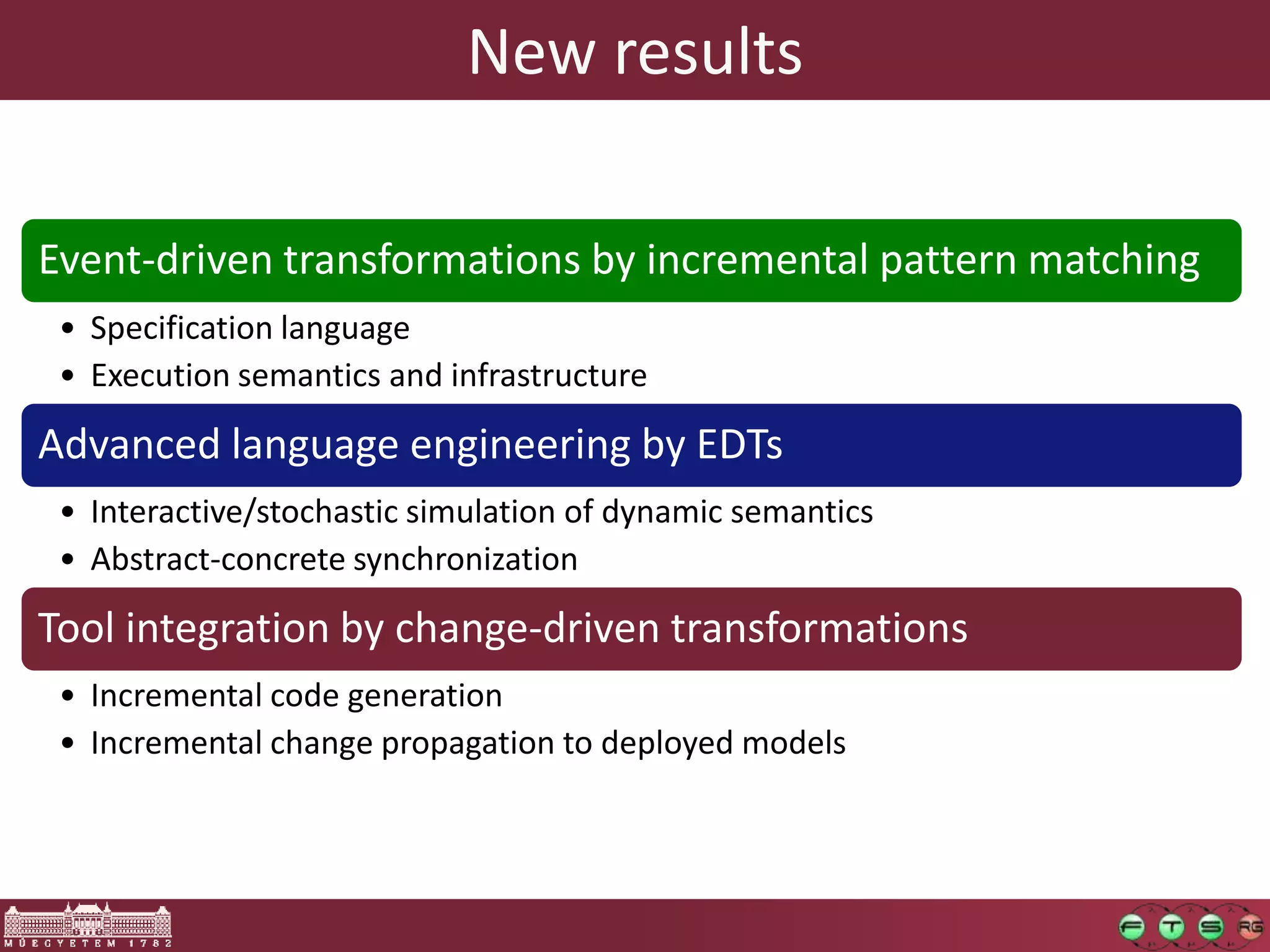 New results

Event-driven transformations by incremental pattern matching
 • Specification language
 • Execution semantics and infrastructure

Advanced language engineering by EDTs
 • Interactive/stochastic simulation of dynamic semantics
 • Abstract-concrete synchronization

Tool integration by change-driven transformations
 • Incremental code generation
 • Incremental change propagation to deployed models
 