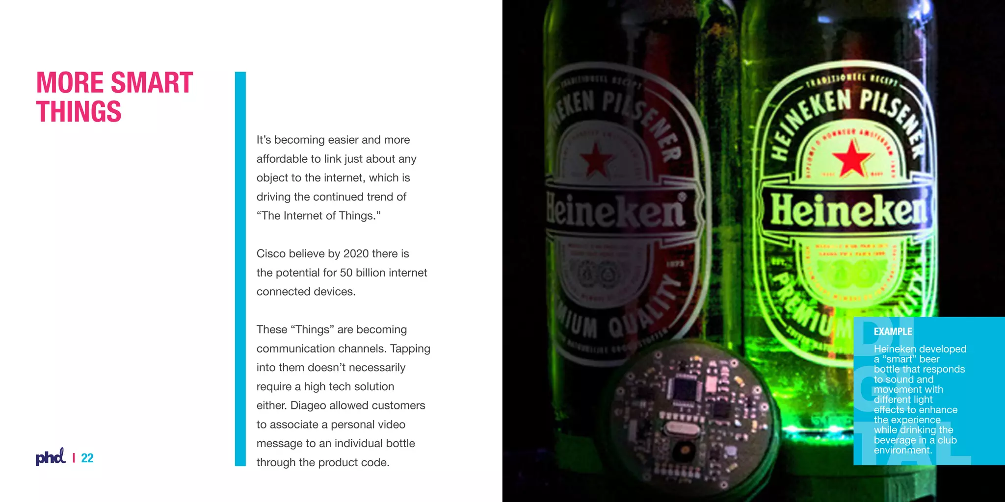 More Smart
Things
It’s becoming easier and more
affordable to link just about any
object to the internet, which is
driving the continued trend of
“The Internet of Things.”
Cisco believe by 2020 there is
the potential for 50 billion internet
connected devices.
These “Things” are becoming

Example

communication channels. Tapping

Heineken developed
a “smart” beer
bottle that responds
to sound and
movement with
different light
effects to enhance
the experience
while drinking the
beverage in a club
environment.

into them doesn’t necessarily
require a high tech solution
either. Diageo allowed customers
to associate a personal video
message to an individual bottle

| 22

through the product code.

 