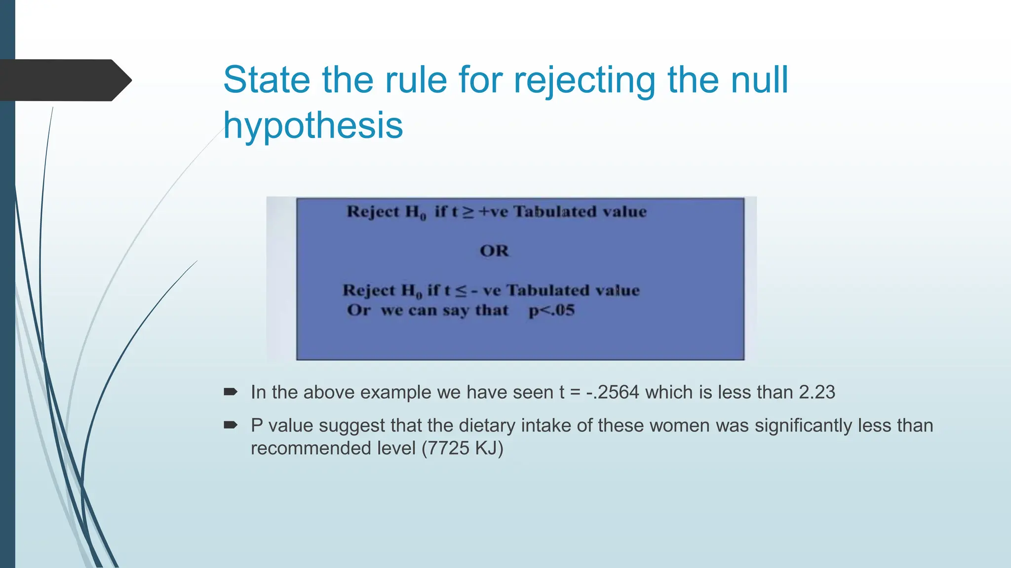 State the rule for rejecting the null
hypothesis
 In the above example we have seen t = -.2564 which is less than 2.23
 P value suggest that the dietary intake of these women was significantly less than
recommended level (7725 KJ)
 