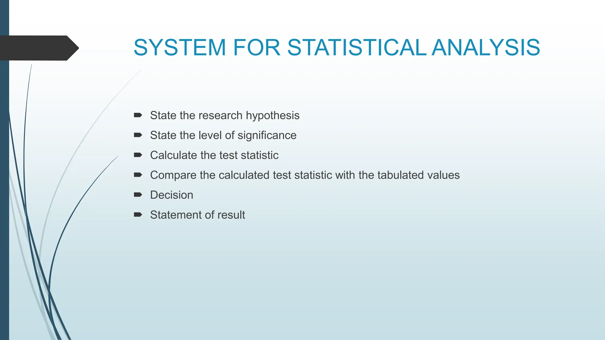 SYSTEM FOR STATISTICAL ANALYSIS
 State the research hypothesis
 State the level of significance
 Calculate the test statistic
 Compare the calculated test statistic with the tabulated values
 Decision
 Statement of result
 