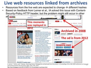 22
Live web resources linked from archives
• Resources from the live web are expected to change  different hashes
• Based...
