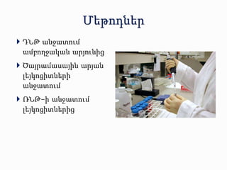  ԴՆԹ անջատում 
ամբողջական արյունից 
 Ծայրամասային արյան 
լեյկոցիտների 
անջատում 
 ՌՆԹ-ի անջատում 
լեյկոցիտներից 
 