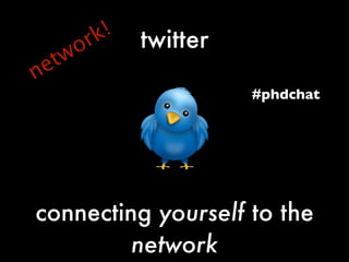 k !
     o r         twitter
 e tw
n
                           #phdchat




connecting yourself to the
         network
 