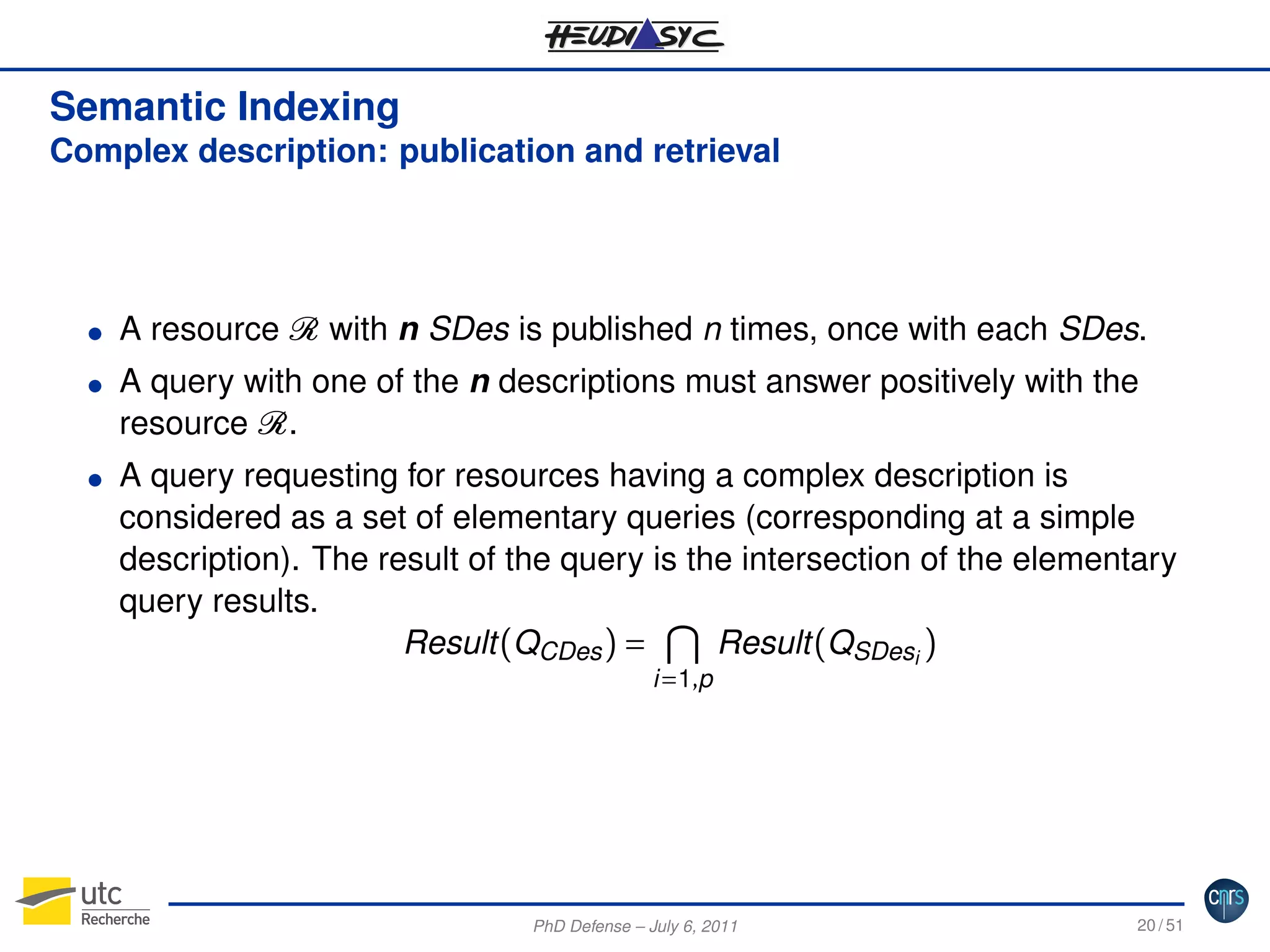 Semantic Indexing
Complex description: publication and retrieval

G
G

G

A resource R with n SDes is published n times, once with each SDes.
A query with one of the n descriptions must answer positively with the
resource R .
A query requesting for resources having a complex description is
considered as a set of elementary queries (corresponding at a simple
description). The result of the query is the intersection of the elementary
query results.
Result (QCDes ) =
Result (QSDesi )
i =1,p

PhD Defense – July 6, 2011

20 / 51

 