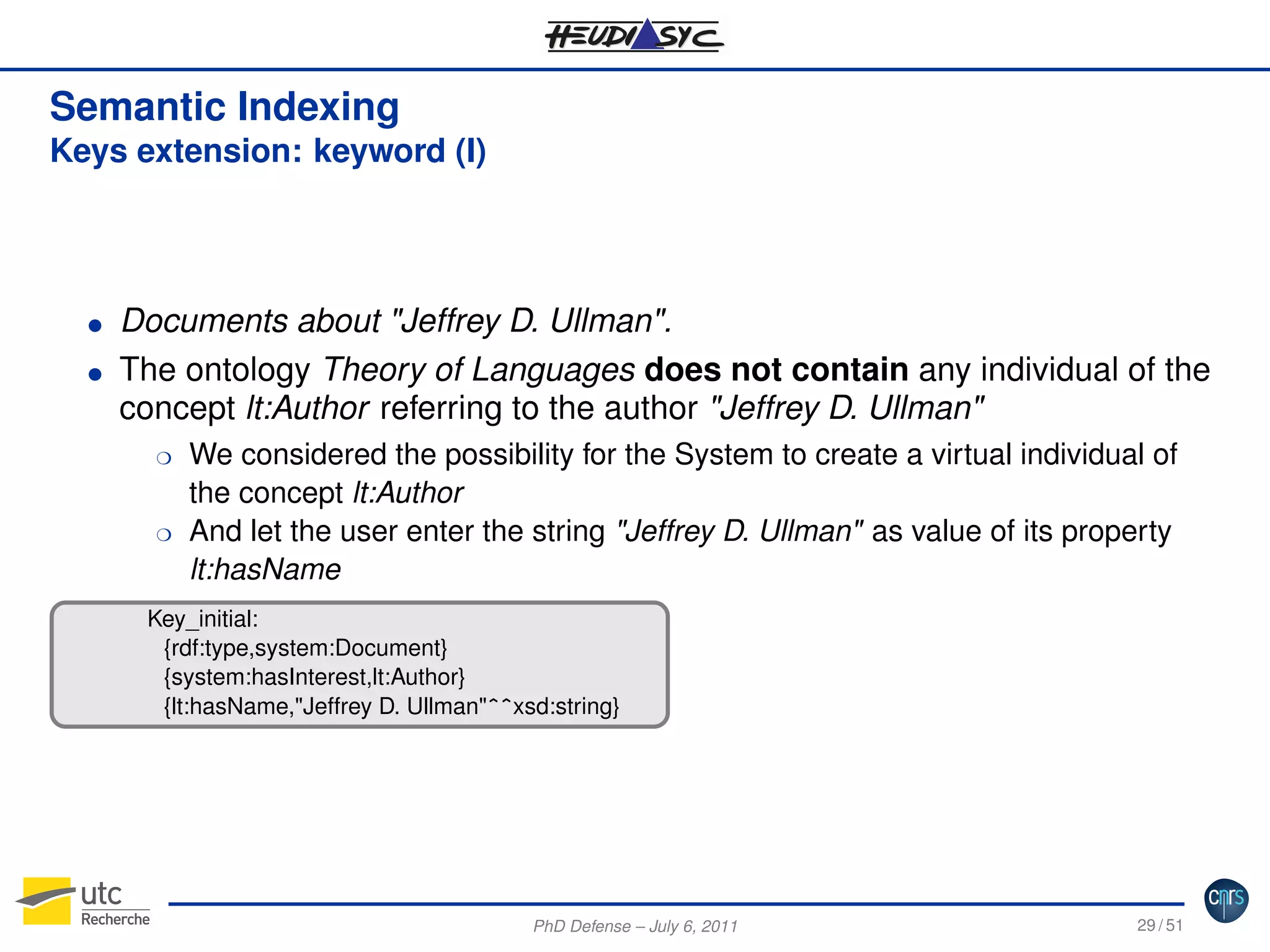 Semantic Indexing
Keys extension: keyword (I)

G
G

Documents about "Jeffrey D. Ullman".
The ontology Theory of Languages does not contain any individual of the
concept lt:Author referring to the author "Jeffrey D. Ullman"
H

H

courier

We considered the possibility for the System to create a virtual individual of
the concept lt:Author
And let the user enter the string "Jeffrey D. Ullman" as value of its property
lt:hasName

Key_initial:
{rdf:type,system:Document}
{system:hasInterest,lt:Author}
{lt:hasName,"Jeffrey D. Ullman"ˆˆxsd:string}

PhD Defense – July 6, 2011

29 / 51

 