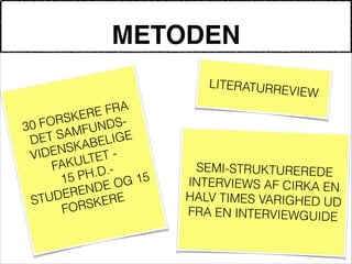 METODEN
!
!
30 FORSKERE FRA
DET SAMFUNDS-
VIDENSKABELIGE
FAKULTET -
15 PH.D.-
STUDERENDE OG 15
FORSKERE
!
!
!
SEMI-STRUKTUREREDE
INTERVIEWS AF CIRKA EN
HALV TIMES VARIGHED UD
FRA EN INTERVIEWGUIDE
!
!
LITERATURREVIEW
 