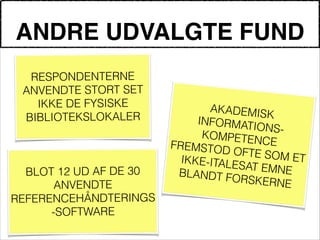 ANDRE UDVALGTE FUND
!
RESPONDENTERNE
ANVENDTE STORT SET
IKKE DE FYSISKE
BIBLIOTEKSLOKALER
!
AKADEMISK
INFORMATIONS-KOMPETENCEFREMSTOD OFTE SOM ETIKKE-ITALESAT EMNEBLANDT FORSKERNE
!
BLOT 12 UD AF DE 30
ANVENDTE
REFERENCEHÅNDTERINGS
-SOFTWARE
 