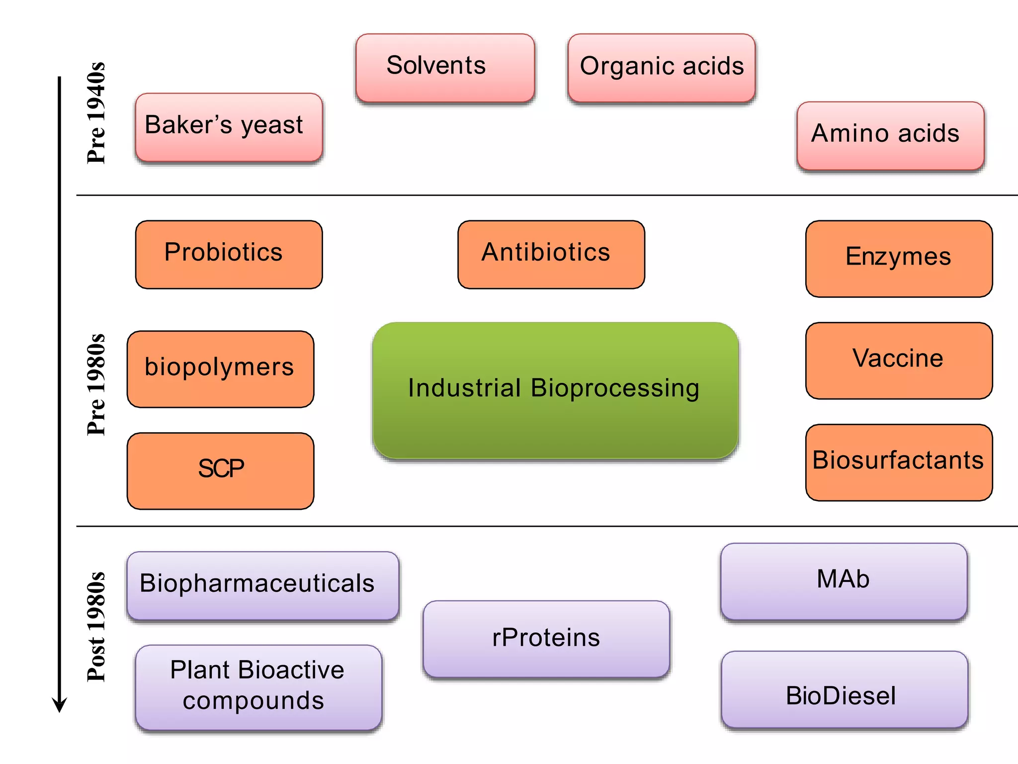 Industrial Bioprocessing
Vaccine
Biopharmaceuticals
Solvents
Baker’s yeast
Organic acids
Amino acids
Antibiotics Enzymes
biopolymers
rProteins
MAb
SCP Biosurfactants
Probiotics
Plant Bioactive
compounds BioDiesel
Pre
1940s
Pre
1980s
Post
1980s
 