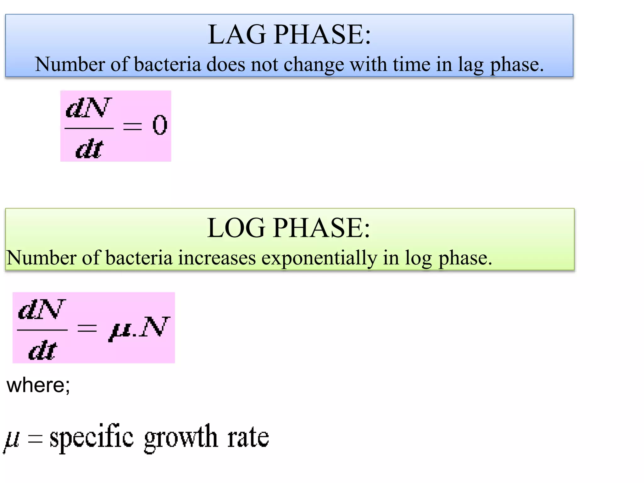 where;
LAG PHASE:
Number of bacteria does not change with time in lag phase.
LOG PHASE:
Number of bacteria increases exponentially in log phase.
 
