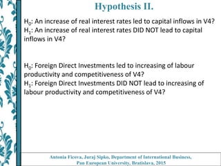 Hypothesis II.
Antonia Ficova, Juraj Sipko, Department of International Business,
Pan European University, Bratislava, 2015
H0: An increase of real interest rates led to capital inflows in V4?
H1: An increase of real interest rates DID NOT lead to capital
inflows in V4?
H0: Foreign Direct Investments led to increasing of labour
productivity and competitiveness of V4?
H1: Foreign Direct Investments DID NOT lead to increasing of
labour productivity and competitiveness of V4?
 
