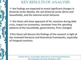 KEY RESULTS OF ANALYSIS
 the findings are expected to reveal significant changes in
financial sector (banks), the non financial sector (firms and
households), and the external sector behavior.
 this thesis will show approach of V4, reactions during debt
crisis, impact on economies, moreover how the spending
patterns of the households, governments, firms changed.
this thesis will discuss the findings of the research in light of
the reviewed literature and theoretical frameworks, especially
of Visegrad countries.
Antonia Ficova, Juraj Sipko, Department of International Business,
Pan European University, Bratislava, 2015
 