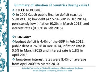 Summary of situation of countries during crisis I.
 CZECH REPUBLIC
 in 2009 Czech public finance deficit reached
5.9% of GDP, low debt (42.57% GDP in Dec 2014),
persistently low inflation (0.2% in March 2015) and
interest rates (0.05% in Feb 2015).
HUNGARY
budget deficit is 4.4% of the GDP in Feb 2015,
public debt is 76.9% in Dec 2014, inflation rate is
0.6% in March 2015 and interest rate is 1.8% in
April 2015.
 long-term interest rates were 8.4% on average
from April 2009 to March 2010.
Antonia Ficova, Juraj Sipko, Department of International Business,
Pan European University, Bratislava, 2015
 