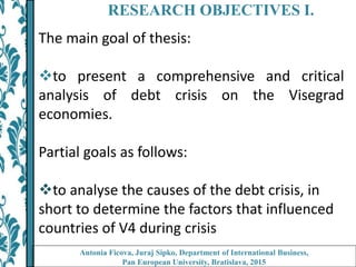 RESEARCH OBJECTIVES I.
The main goal of thesis:
to present a comprehensive and critical
analysis of debt crisis on the Visegrad
economies.
Partial goals as follows:
to analyse the causes of the debt crisis, in
short to determine the factors that influenced
countries of V4 during crisis
Antonia Ficova, Juraj Sipko, Department of International Business,
Pan European University, Bratislava, 2015
 