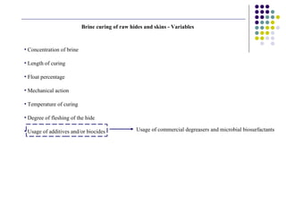 Concentration of brine Length of curing Float percentage Mechanical action Temperature of curing Degree of fleshing of the hide Usage of additives and/or biocides Usage of commercial degreasers and microbial biosurfactants Brine curing of raw hides and skins - Variables 