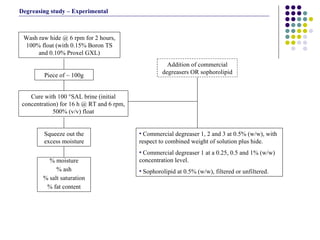 Piece of ~ 100g Cure with 100  °SAL brine  (initial concentration)  for 16 h @ RT and 6 rpm, 500% (v/v) float Squeeze out the excess moisture % moisture % ash % salt saturation % fat content Addition of commercial degreasers OR sophorolipid Commercial degreaser 1, 2 and 3 at 0.5% (w/w), with respect to combined weight of solution plus hide. Commercial degreaser 1 at a 0.25, 0.5 and 1% (w/w) concentration level. Sophorolipid at 0.5% (w/w), filtered or unfiltered.  Wash raw hide @ 6 rpm for 2 hours, 100% float (with 0.15% Boron TS and 0.10% Proxel GXL) Degreasing study – Experimental 