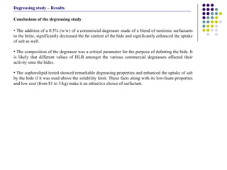 Conclusions of the degreasing study The addition of a 0.5% (w/w) of a commercial degreaser made of a blend of nonionic surfactants to the brine, significantly decreased the fat content of the hide and significantly enhanced the uptake of salt as well. The composition of the degreaser was a critical parameter for the purpose of defatting the hide. It is likely that different values of HLB amongst the various commercial degreasers affected their activity onto the hides. The sophorolipid tested showed remarkable degreasing properties and enhanced the uptake of salt by the hide if it was used above the solubility limit. These facts along with its low-foam properties and low cost (from $1 to 3/kg) make it an attractive choice of surfactant.  Degreasing study – Results 