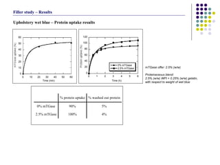 Upholstery wet blue – Protein uptake results  mTGase offer: 2.5% (w/w) Proteinaceous blend: 2.5% (w/w) WPI + 0.25% (w/w) gelatin, with respect to weight of wet blue Filler study – Results 