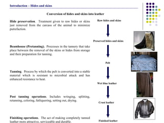 Hide preservation .  Treatment given to raw hides or skins just removed from the carcass of the animal to minimize putrefaction. Beamhouse (Pretanning).   Processes in the tannery that take place between the removal of the skins or hides from storage and their preparation for tanning.  Tanning .  Process by which the pelt is converted into a stable material which is resistant to microbial attack and has enhanced resistance to heat. Post tanning operations . Includes wringing, splitting, retanning, coloring, fatliquoring, setting out, drying.  Finishing operations .  The act of making completely tanned leather more attractive, serviceable and durable.  Raw hides and skins Preserved hides and skins Wet blue leather Crust leather Finished leather Pelt Conversion of hides and skins into leather Introduction – Hides and skins 