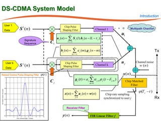 DS-CDMA System Model
                                                                                                                                                                                            Introduction

                                User 1
                                                                                                               Chip Pulse
                                Data                     S 1 ( n)                                             Shaping Filter                               Channel 1                  Multipath Channel

                                                                                                                      ∞                                                       u1
                                                                   Signature
                                                                                                        =
                                                                                                        u j ( n)    ∑S           j   (l ).h j (n − lL − τ j )
                                                                   Sequence                             C1          l = −∞

                                                                                                                             ∞
                                                                                                        =h j ( n)            ∑ c (m) .g (n − m)
                                                                                                                          m = −∞
                                                                                                                                        j        j                                                        Tx

                                   User k                      j                                                Chip Pulse                                                    uj          Channel noise
                                                        S ( n)                                                 Shaping Filter
                                                                                                                                                           Channel k                        w (n )
                                   Data

Raised Cosine Pulse Shaping Filter                                                             ϕ (t )                                                mj                        x ( n)
                                                                                                               = a j ∑ α j ,mϕ j (t − δ j ,m )
                                1.2

                                                                                                                g j (t )
                                  1
                                                                                                        Cj                                           m=0
                                                                                                                                                                                   Chip Matched
                                                                                                                                                                                       Filter
                                0.8


                                                                                                                                                                                           ϕ (T c − t )
root-raised cosine chip pulse




                                                                                                                                 K
                                0.6                                                                          =
                                                                                                             x ( n)           ∑ u ( n) + w ( n)
                                                                                                                                            j                    Chip rate sampling
                                0.4
                                                                                                                              j =1                              synchronized to user j                    Rx
                                0.2

                                                                                                                   Receiver Filter
                                  0



                                -0.2
                                       0   1   2     3      4       5      6      7    8   9     10
                                                                                                              y ( n)                                 FIR Linear Filter f
                                                   time t (channel length = 10chips)
 