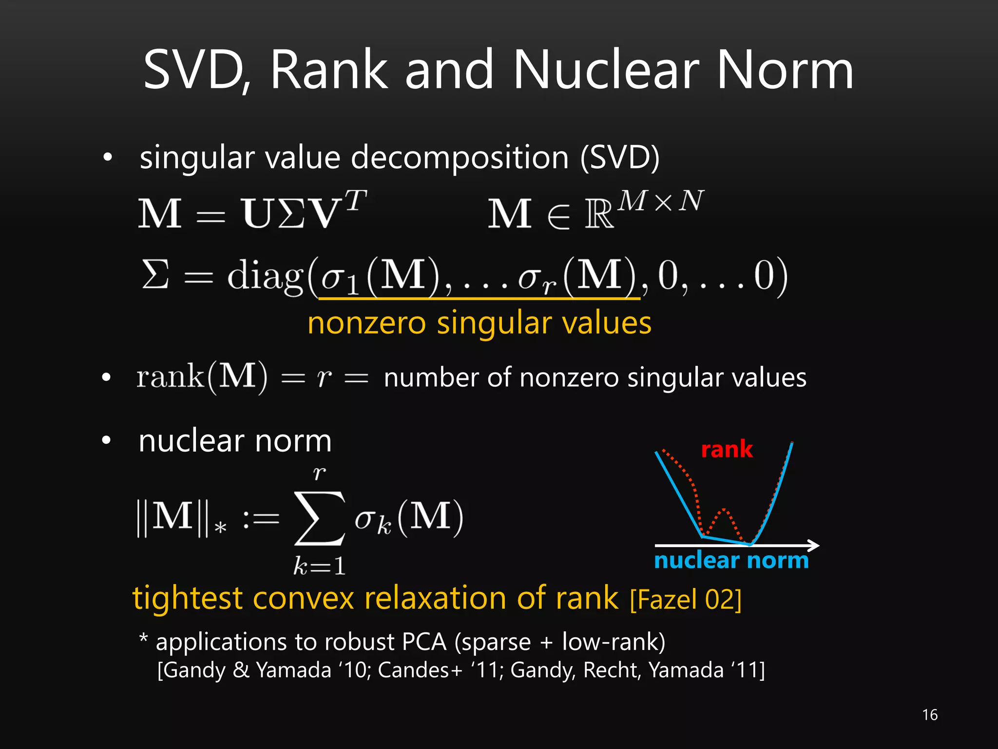 SVD, Rank and Nuclear Norm
16
• singular value decomposition (SVD)
nonzero singular values
• number of nonzero singular values
• nuclear norm
tightest convex relaxation of rank [Fazel 02]
* applications to robust PCA (sparse + low-rank)
[Gandy & Yamada ‘10; Candes+ ‘11; Gandy, Recht, Yamada ‘11]
rank
nuclear norm
 