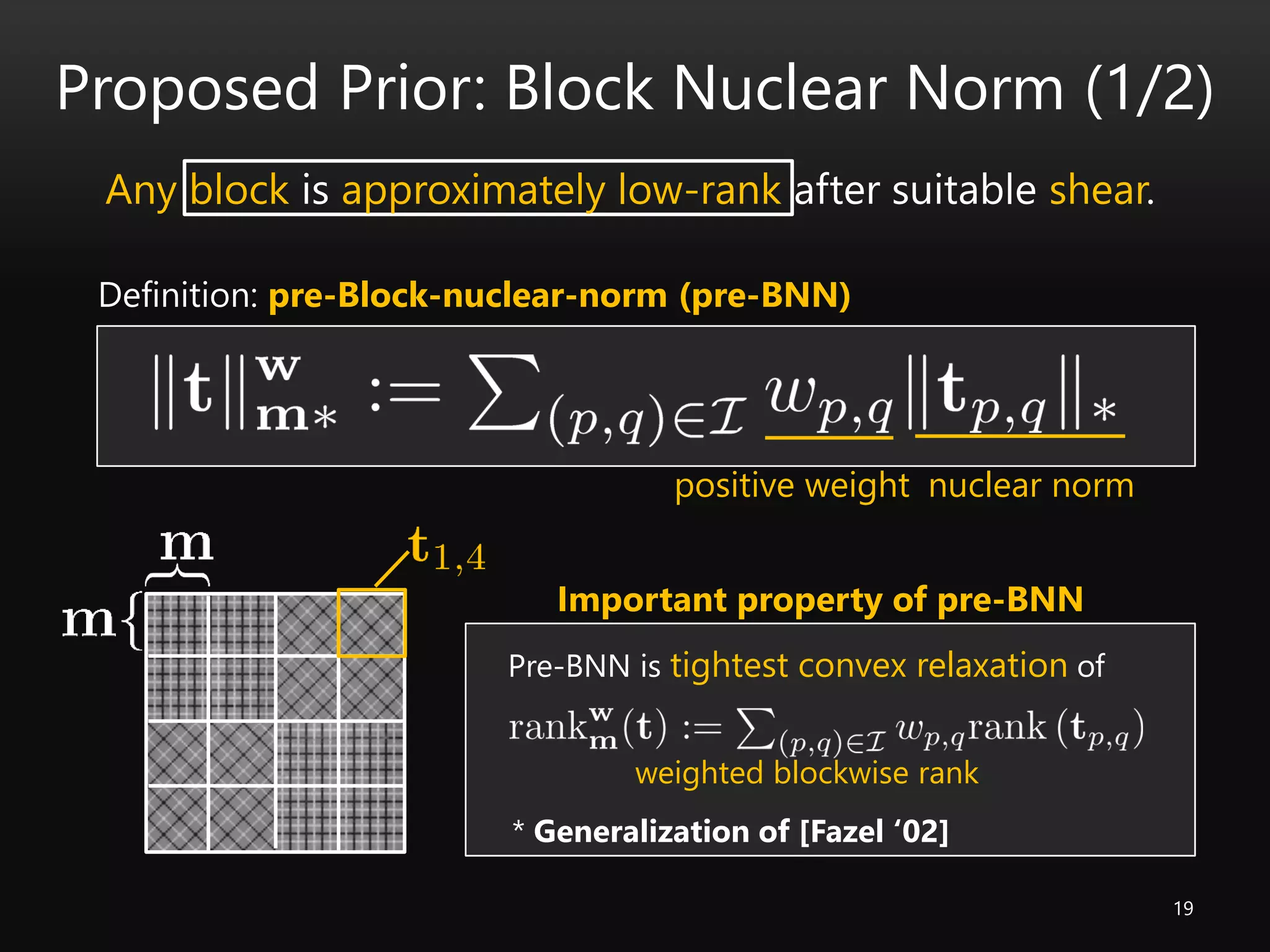 Any block is approximately low-rank after suitable shear.
Proposed Prior: Block Nuclear Norm (1/2)
19
Definition: pre-Block-nuclear-norm (pre-BNN)
nuclear normpositive weight
Important property of pre-BNN
Pre-BNN is tightest convex relaxation of
weighted blockwise rank
* Generalization of [Fazel ‘02]
 