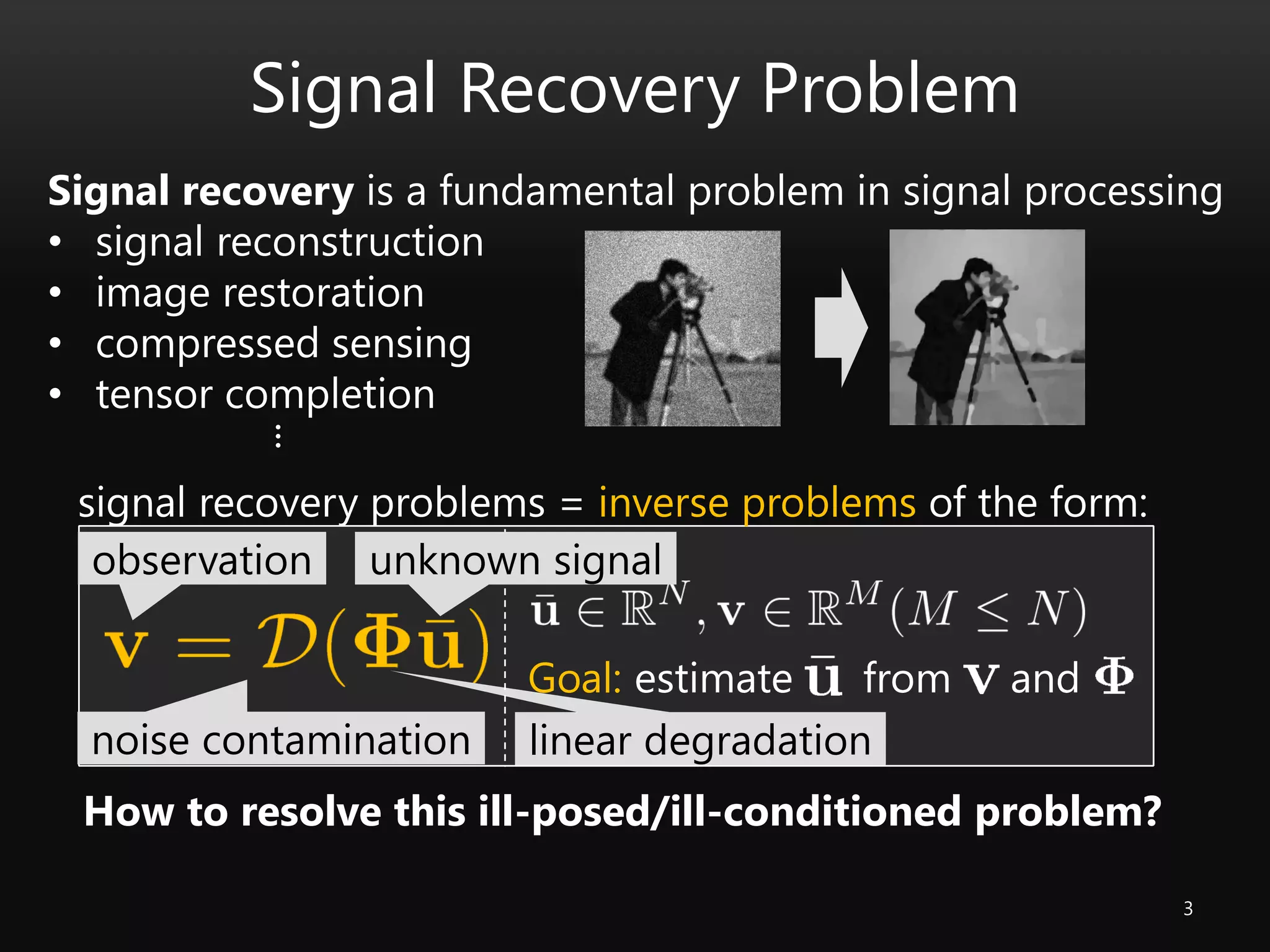 3
Signal Recovery Problem
Signal recovery is a fundamental problem in signal processing
• signal reconstruction
• image restoration
• compressed sensing
• tensor completion
...
signal recovery problems = inverse problems of the form:
observation
Goal: estimate from and
noise contamination linear degradation
How to resolve this ill-posed/ill-conditioned problem?
unknown signal
 