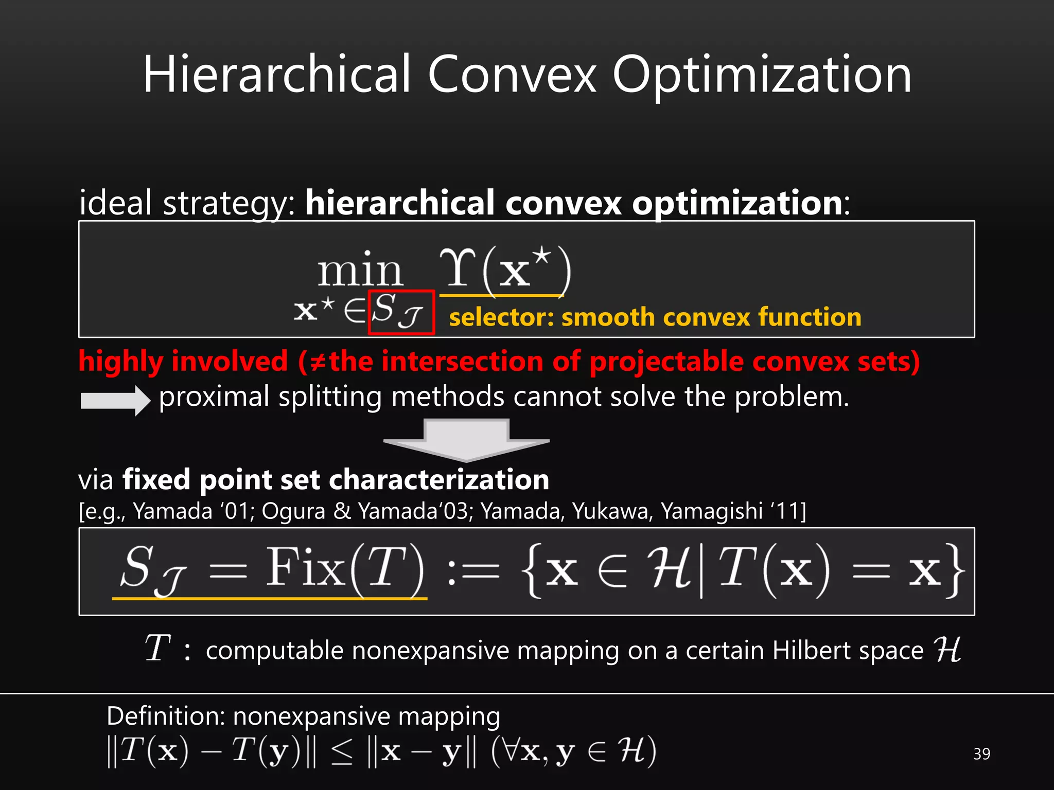 39
Hierarchical Convex Optimization
ideal strategy: hierarchical convex optimization:
highly involved (≠the intersection of projectable convex sets)
proximal splitting methods cannot solve the problem.
selector: smooth convex function
via fixed point set characterization
[e.g., Yamada ‘01; Ogura & Yamada‘03; Yamada, Yukawa, Yamagishi ‘11]
Definition: nonexpansive mapping
computable nonexpansive mapping on a certain Hilbert space
 