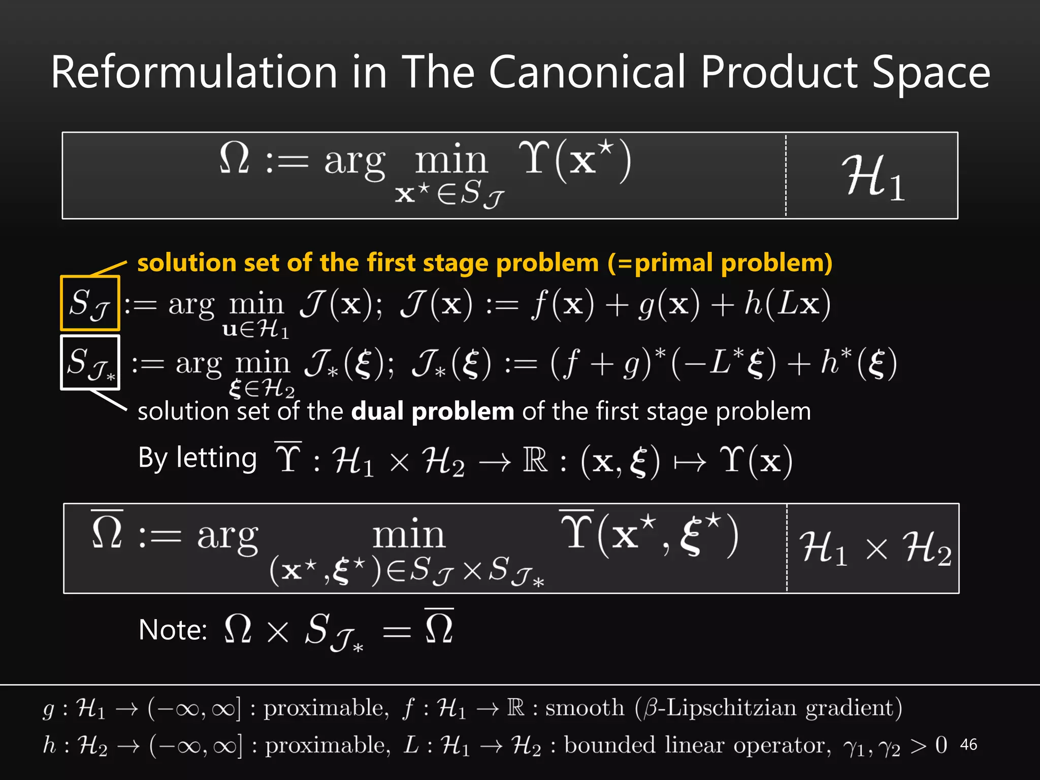 46
Reformulation in The Canonical Product Space
solution set of the first stage problem (=primal problem)
solution set of the dual problem of the first stage problem
By letting
Note:
 