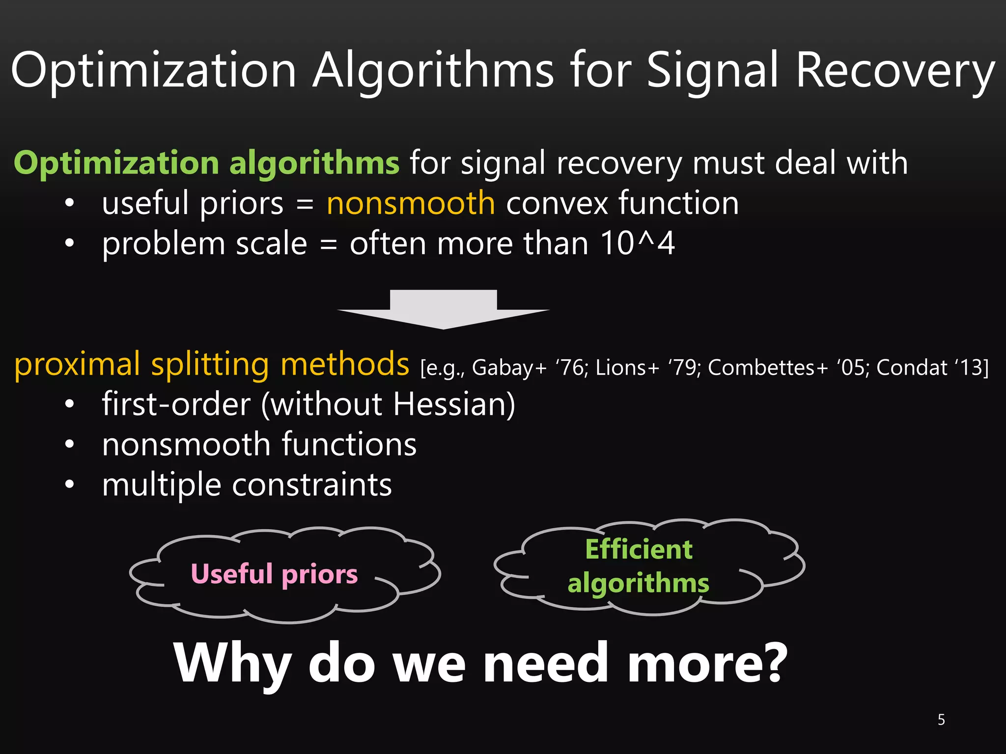 5
Optimization Algorithms for Signal Recovery
Optimization algorithms for signal recovery must deal with
• useful priors = nonsmooth convex function
• problem scale = often more than 10^4
proximal splitting methods [e.g., Gabay+ ‘76; Lions+ ‘79; Combettes+ ‘05; Condat ‘13]
• first-order (without Hessian)
• nonsmooth functions
• multiple constraints
Why do we need more?
Useful priors
Efficient
algorithms
 
