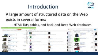 Introduction
A large amount of structured data on the Web
exists in several forms:
– HTML lists, tables, and back-end Deep Web databases
 