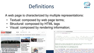 Definitions
A web page is characterized by multiple representations:
• Textual: composed by web page terms;
• Structural: composed by HTML tags
• Visual: composed by rendering information;
•
 