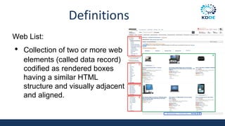 Definitions
Web List:
• Collection of two or more web
elements (called data record)
codified as rendered boxes
having a similar HTML
structure and visually adjacent
and aligned.
 