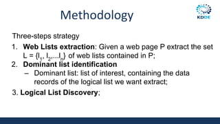 Methodology
Three-steps strategy
1. Web Lists extraction: Given a web page P extract the set
L = {l1
, l2
,...ln
} of web lists contained in P;
2. Dominant list identification
– Dominant list: list of interest, containing the data
records of the logical list we want extract;
3. Logical List Discovery;
 