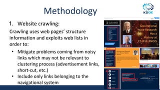 Methodology
1. Website crawling:
Crawling uses web pages’ structure
information and exploits web lists in
order to:
• Mitigate problems coming from noisy
links which may not be relevant to
clustering process (advertisement links,
short-cut, etc.)
• Include only links belonging to the
navigational system
79
 