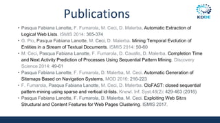 Publications
• Pasqua Fabiana Lanotte, F. Fumarola, M. Ceci, D. Malerba, Automatic Extraction of
Logical Web Lists. ISMIS 2014: 365-374
• G. Pio, Pasqua Fabiana Lanotte, M. Ceci, D. Malerba. Mining Temporal Evolution of
Entities in a Stream of Textual Documents. ISMIS 2014: 50-60
• M. Ceci, Pasqua Fabiana Lanotte, F. Fumarola, D. Cavallo, D. Malerba. Completion Time
and Next Activity Prediction of Processes Using Sequential Pattern Mining. Discovery
Science 2014: 49-61
• Pasqua Fabiana Lanotte, F. Fumarola, D. Malerba, M. Ceci. Automatic Generation of
Sitemaps Based on Navigation Systems. MOD 2016: 216-223
• F. Fumarola, Pasqua Fabiana Lanotte, M. Ceci, D. Malerba. CloFAST: closed sequential
pattern mining using sparse and vertical id-lists. Knowl. Inf. Syst.48(2): 429-463 (2016)
• Pasqua Fabiana Lanotte, F. Fumarola, D. Malerba, M. Ceci. Exploiting Web Sites
Structural and Content Features for Web Pages Clustering. ISMIS 2017.
88
 