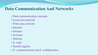 Data Communication And Networks
Data communication concepts
Local area network
Wide area network
Internet
Intranet
Extranet
Website
E- mail
Search engines
E- communication and E -collaboration
 