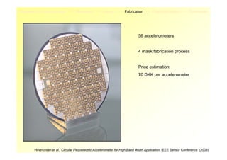 Piezoelectric Accelerometer         Motivation        Design         Fabrication        Characterization         Conclusion




                                                                               58 accelerometers


                                                                               4 mask fabrication process


                                                                               Price estimation:
                                                                               70 DKK per accelerometer




        Hindrichsen et al., Circular Piezoelectric Accelerometer for High Band Width Application, IEEE Sensor Conference (2009)
 