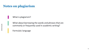 23
Notes on plagiarism
What is plagiarism?
What about borrowing the words and phrases that are
commonly or frequently used in academic writing?
Formulaic language
2018Almalki
 