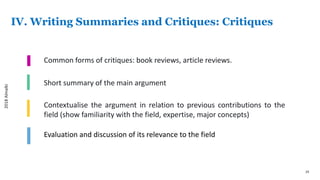24
IV. Writing Summaries and Critiques: Critiques
Common forms of critiques: book reviews, article reviews.
Evaluation and discussion of its relevance to the field
Short summary of the main argument
Contextualise the argument in relation to previous contributions to the
field (show familiarity with the field, expertise, major concepts)
2018Almalki
 