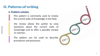 9
II. Patterns of writing
2. Problem-solution
This pattern is commonly used to review
the current state of knowledge in the field.
the review allows the author to raise
questions about the current state of
knowledge and to offer a possible answer
or solution.
The pattern can be used to describe
procedures and processes.
2018Almalki
 