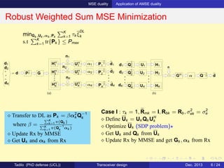 MSE duality Application of AMSE duality
Robust Weighted Sum MSE Minimization
(a)
d1
d2
dK
HH
2
HH
K αK
P
−1
2
2
P
−1
2
1
P
−1
2
K
n1
nK
n2
dK
d2
d1
= d GP
1
2
α1HH
1
α2
UH
1
UH
2
UH
K
(b)
d1
GH
d2
dK
Q
1
2
1
Q
1
2
2
Q
1
2
K
H1
H2
HK
n
dQ−1
2α
U1
U2
UK
minGk ,Uk ,αk ,Pk
K
k=1 τk ξ
DL
k
s.t K
k=1 tr{Pk } ≤ Pmax
Case I : τk = 1, Rmk = I, Rbk = Rb, σ2
ek = σ2
e
⋄ Deﬁne Uk = Uk Qk UH
k
⋄ Optimize Uk (SDP problem)⋆
⋄ Get Uk and Qk from Uk
⋄ Update Rx by MMSE and get Gk , αk from Rx
⋄ Transfer to DL as Pk = βα2
k Q−1
k
where β =
K
k=1 tr{Qk }
K
k=1
tr{Q−1
k
αk }
⋄ Update Rx by MMSE
⋄ Get Uk and αk from Rx
Tadilo (PhD defense (UCL)) Transceiver design Dec. 2013 6 / 24
 